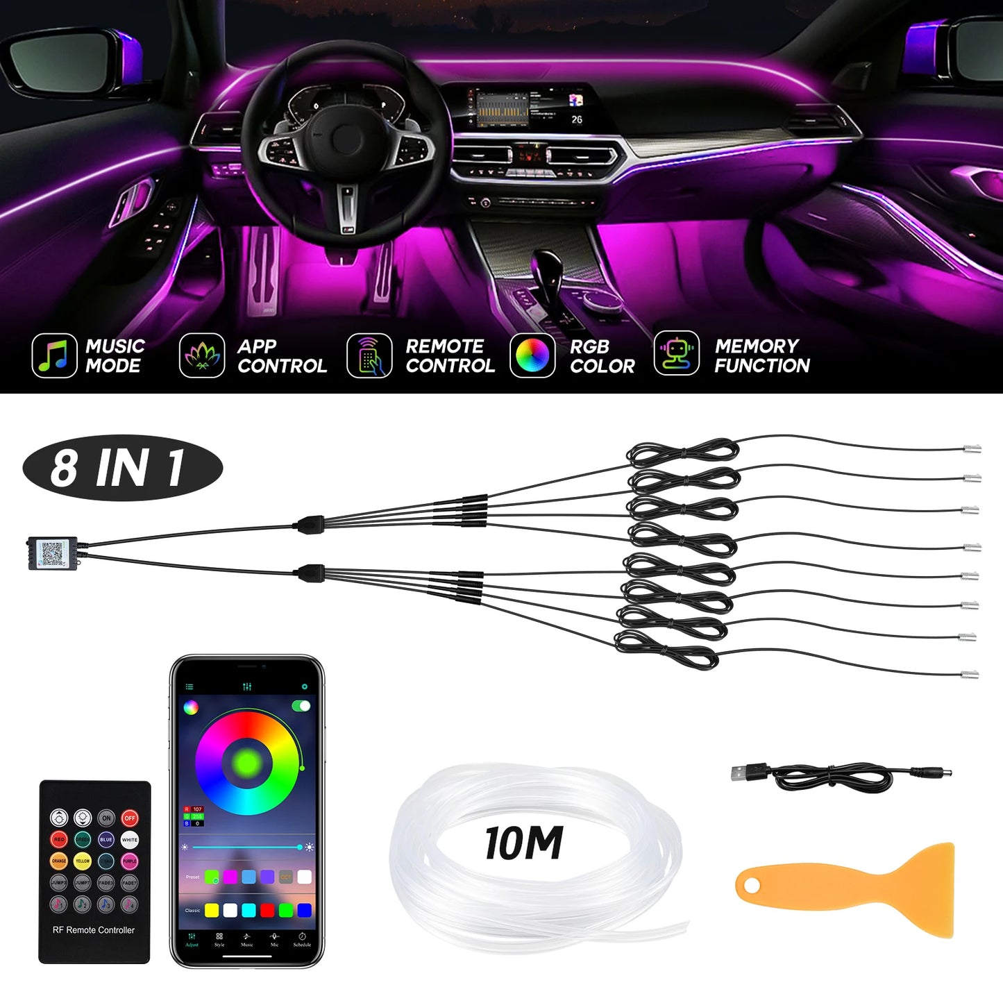 5/6/8 In 1 Car Interior Decorative Lamp Strips RGB LED Car Interior strip